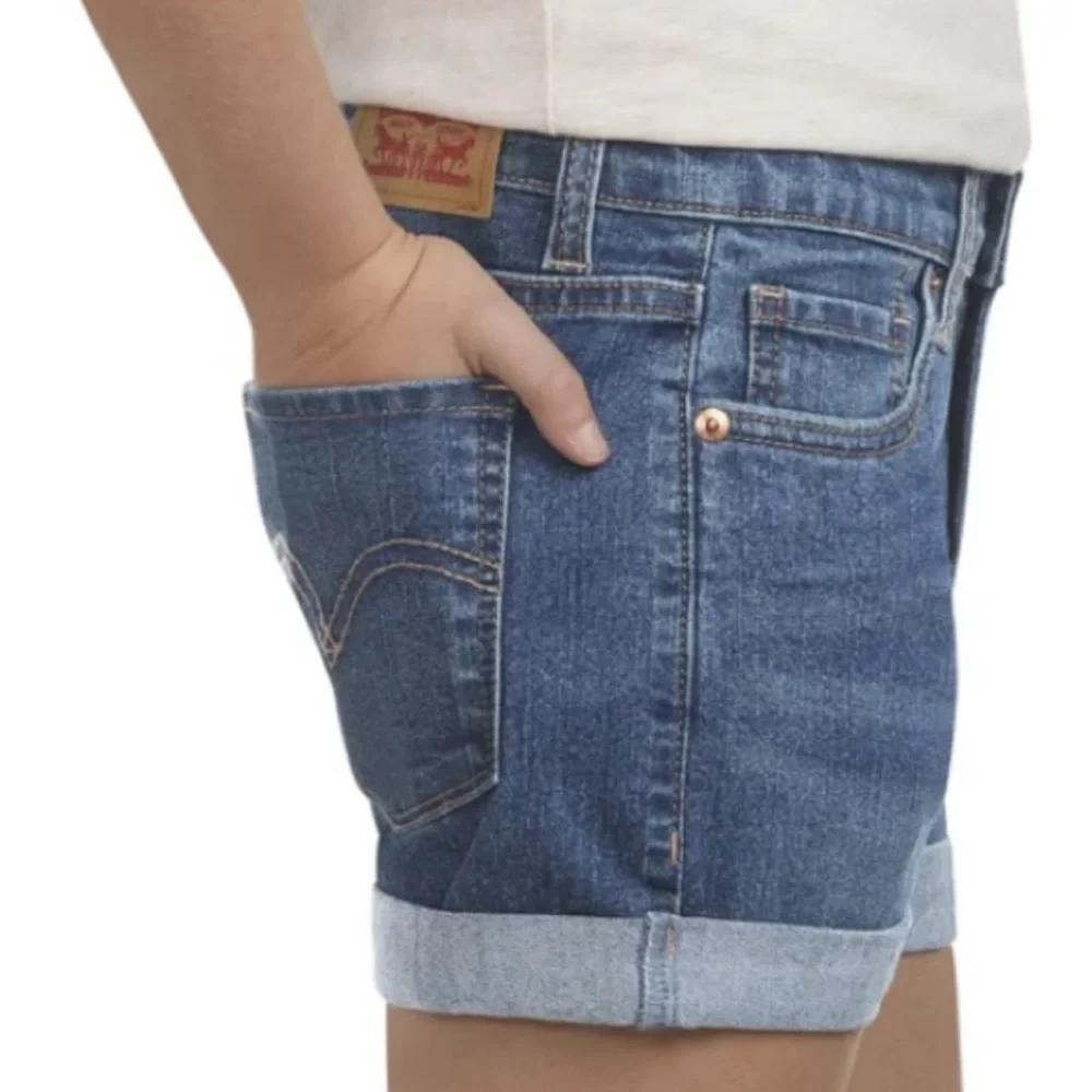 NWT Levi's Girl’s Blue Jean Shorts with Rolled Cuffs Adjustable Waist Mid Rise